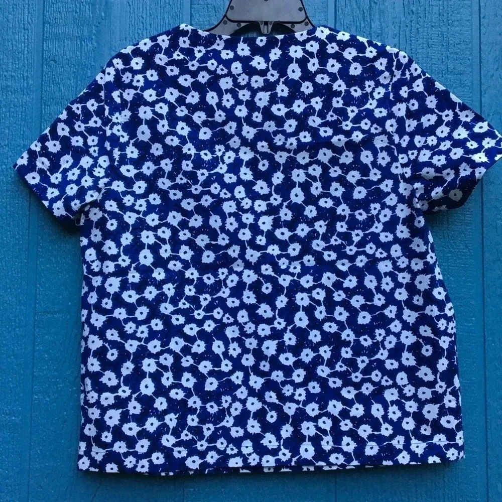 Kate Spade Saturday Blue Floral Short Sleeve Fold Over Shoulder Top Size M